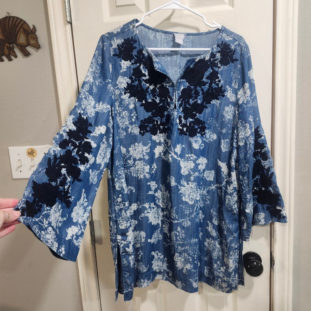 Chico's Tencel Denim Floral Embroidered Tunic Top Blue White Size 2 L 12 14